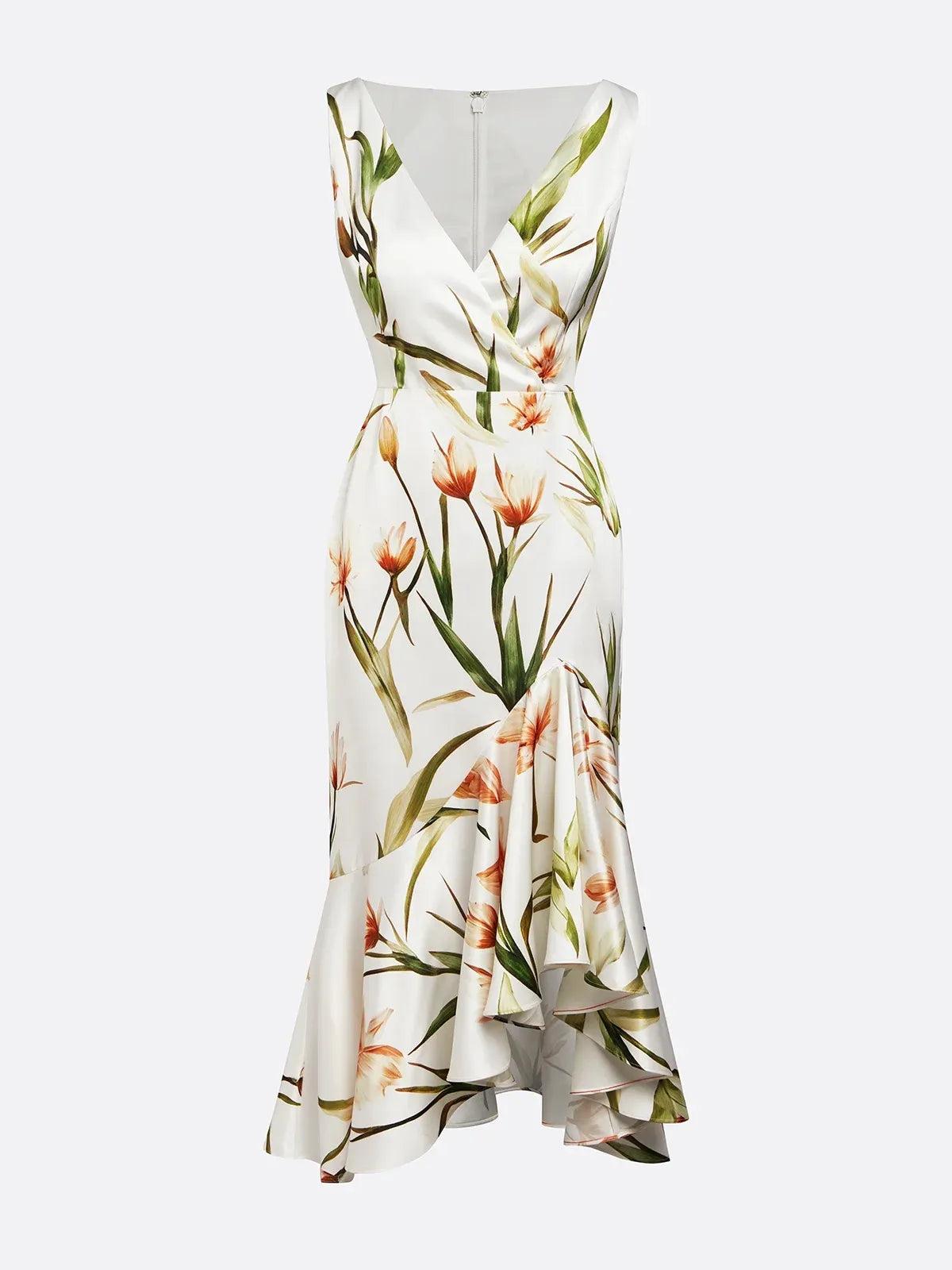 Off White V Neck Floral Mermaid Midi Satin Dress