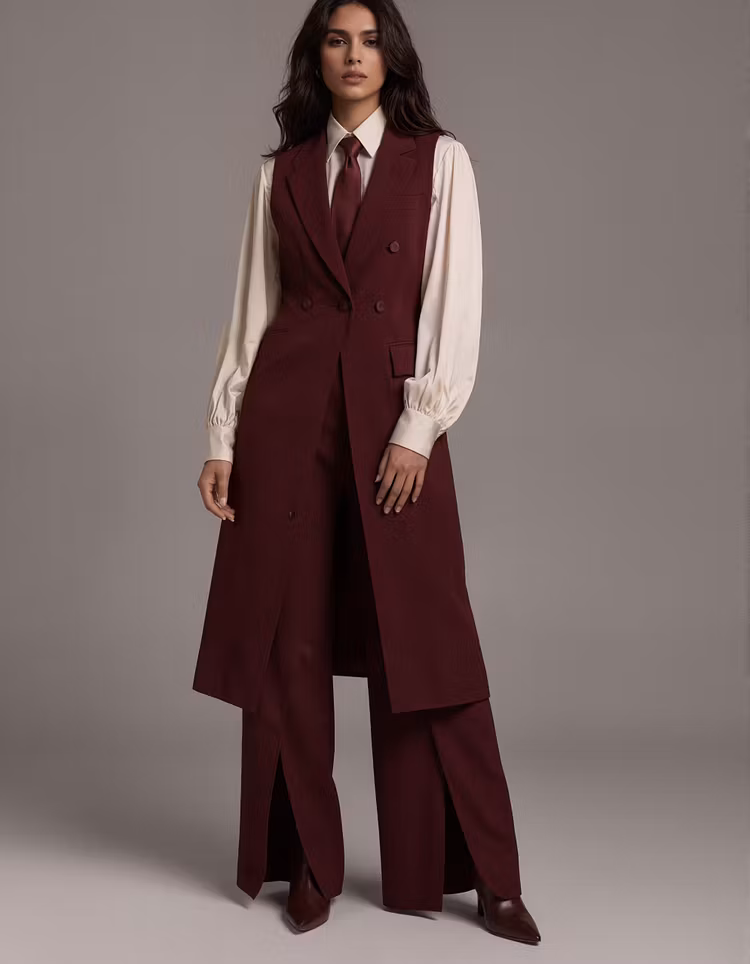Burgundy Double Breasted Long Sleeveless Vest And Wide Leg Pants 2-Piece Suit