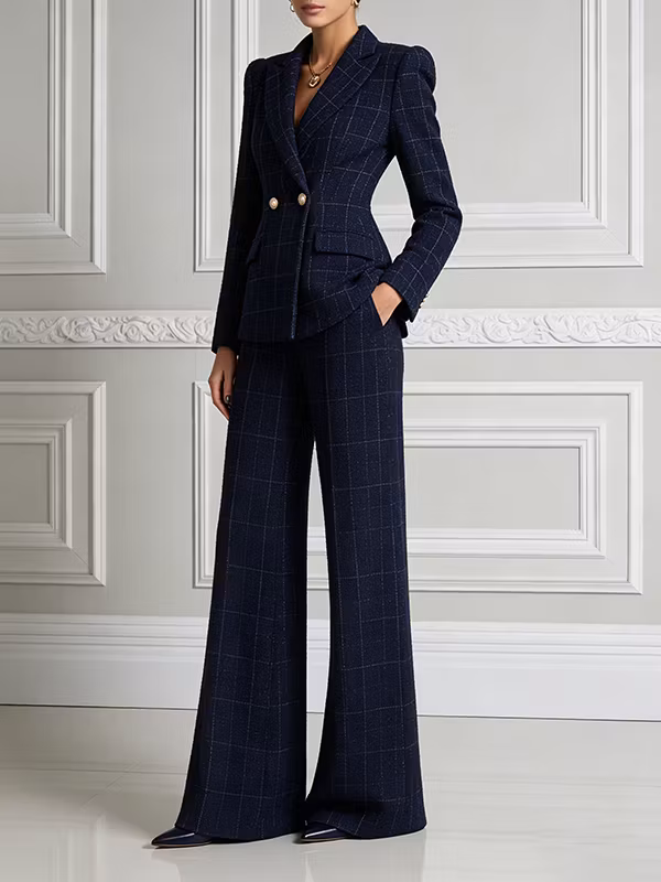 Navy Blue Windowpane Plaid Tweed Fitted Blazer & High-Waisted Wide-Leg Pants 2-Piece Suit