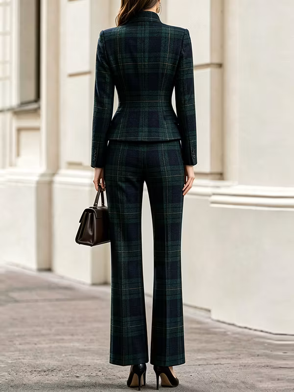 Green‑Navy Tartan Stand‑Collar Double‑Breasted Fitted Blazer & High‑Waisted Full‑Length Flared Pants 2-Piece Suit