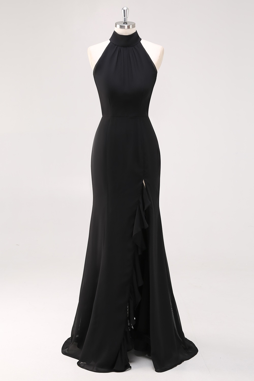 Black Halter Sheath Ruffled Formal Dress with Slit