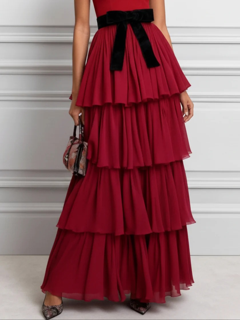 Red Ruffled Bow Chiffon Square Neck Gallus A-Line Maxi Dress