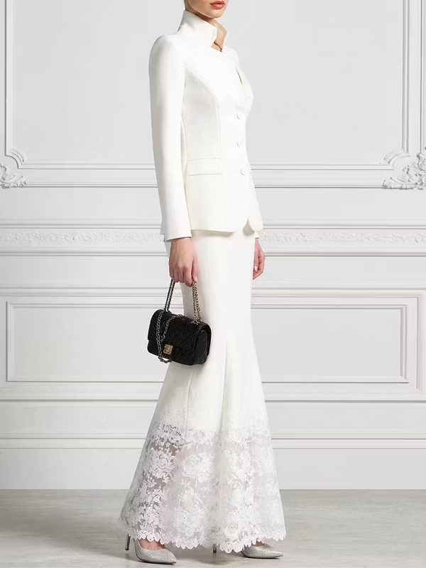 White Stand Up Collar Fitted Blazer And Lace Trimmed Fishtail Skirt 2-Piece Suit