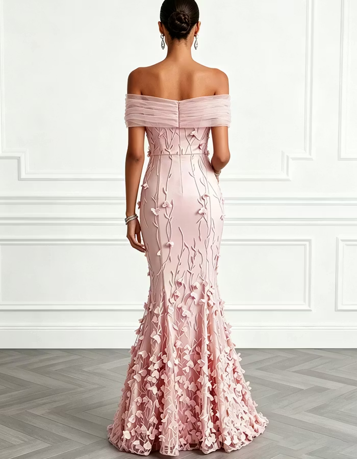 Pink Off-the-Shoulder Satin & Tulle Mermaid Maxi Dress