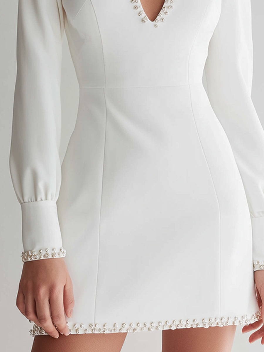 White Long-Sleeve Mini Dress With Pearl-Embellished Keyhole Neckline