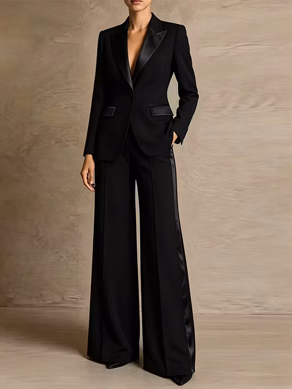 Black Satin Peak Lapel Blazer Paired With Wide Leg Pants 2-Piece Suit