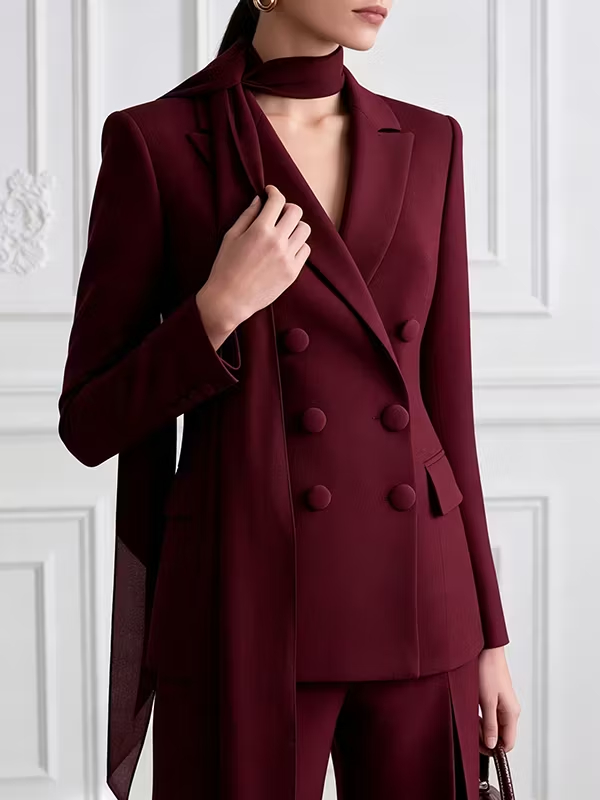 Burgundy Double-Breasted Notched Lapel Ribbon Scarf Fitted Blazer & Pleated Wide-Leg Pants 2-Piece Suit