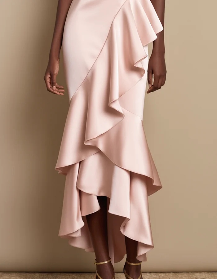 Blush Pink One-Shoulder Ruffled Satin Midi Dress