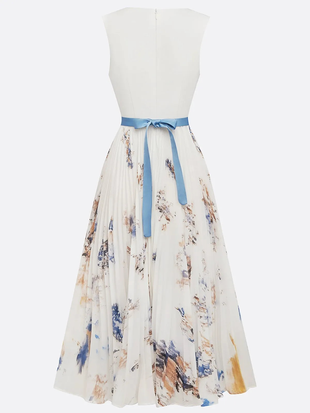 White Pleated Floral Chiffon V Neck Sleeveless A-Line Midi Dress