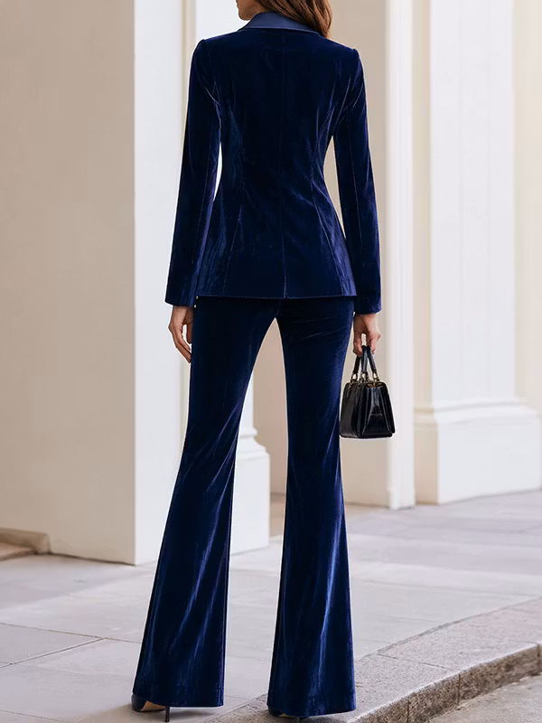 Deep Navy Velvet Satin‑Peak‑Lapel Single‑Button Fitted Blazer & High‑Waisted Flared Full‑Length Pants 2-Piece Suit