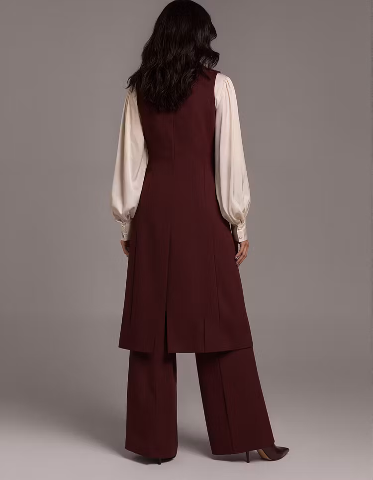 Burgundy Double Breasted Long Sleeveless Vest And Wide Leg Pants 2-Piece Suit