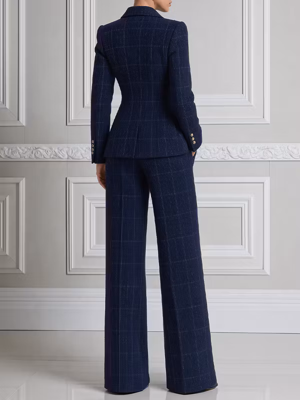 Navy Blue Windowpane Plaid Tweed Fitted Blazer & High-Waisted Wide-Leg Pants 2-Piece Suit