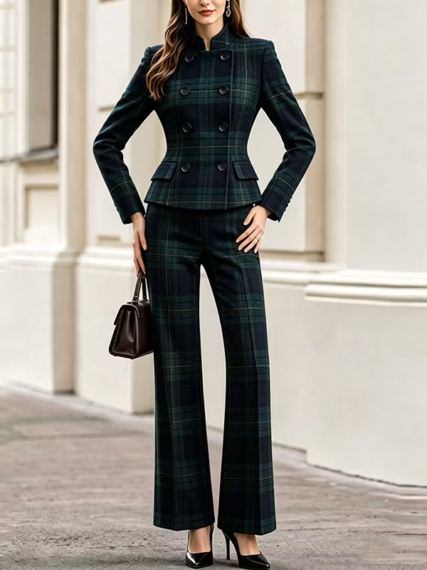 Green‑Navy Tartan Stand‑Collar Double‑Breasted Fitted Blazer & High‑Waisted Full‑Length Flared Pants 2-Piece Suit