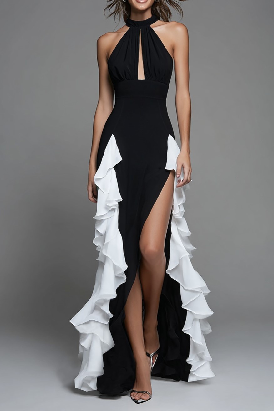 Black White Keyhole Satin Sheath Formal Dress with Ruffles