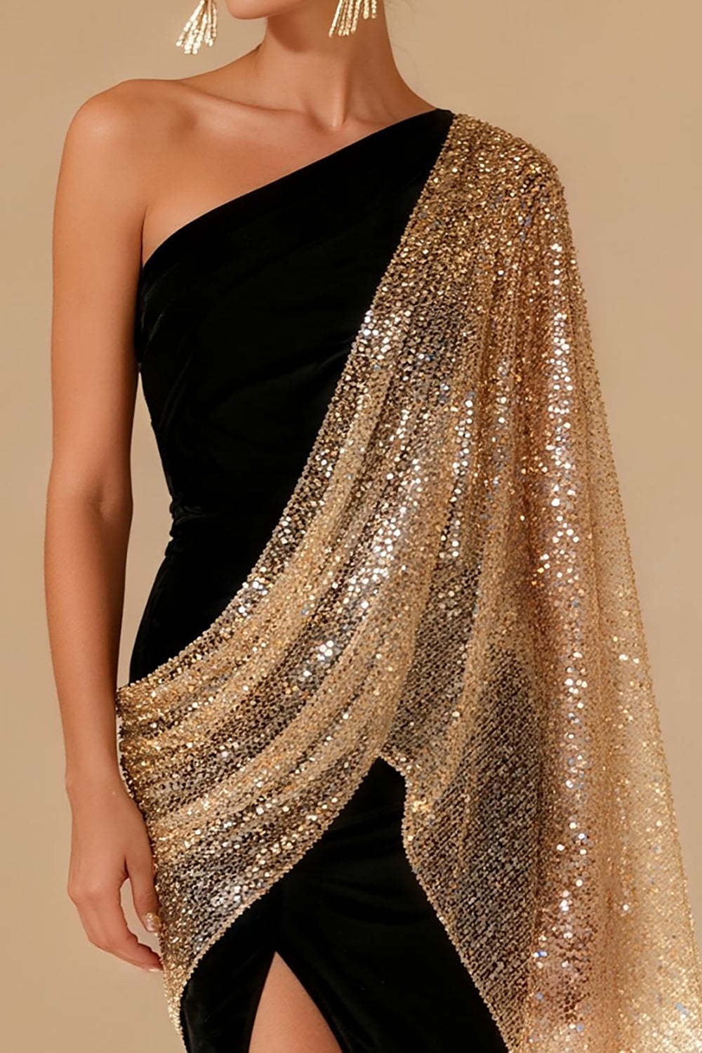 Sparkly Black Mermaid One Shoulder Maxi Formal Dress with Slit