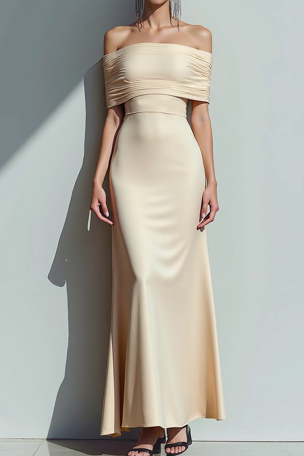 Formal Evening Dress Ivory Sheath Off the Shoulder Satin Maxi Dress