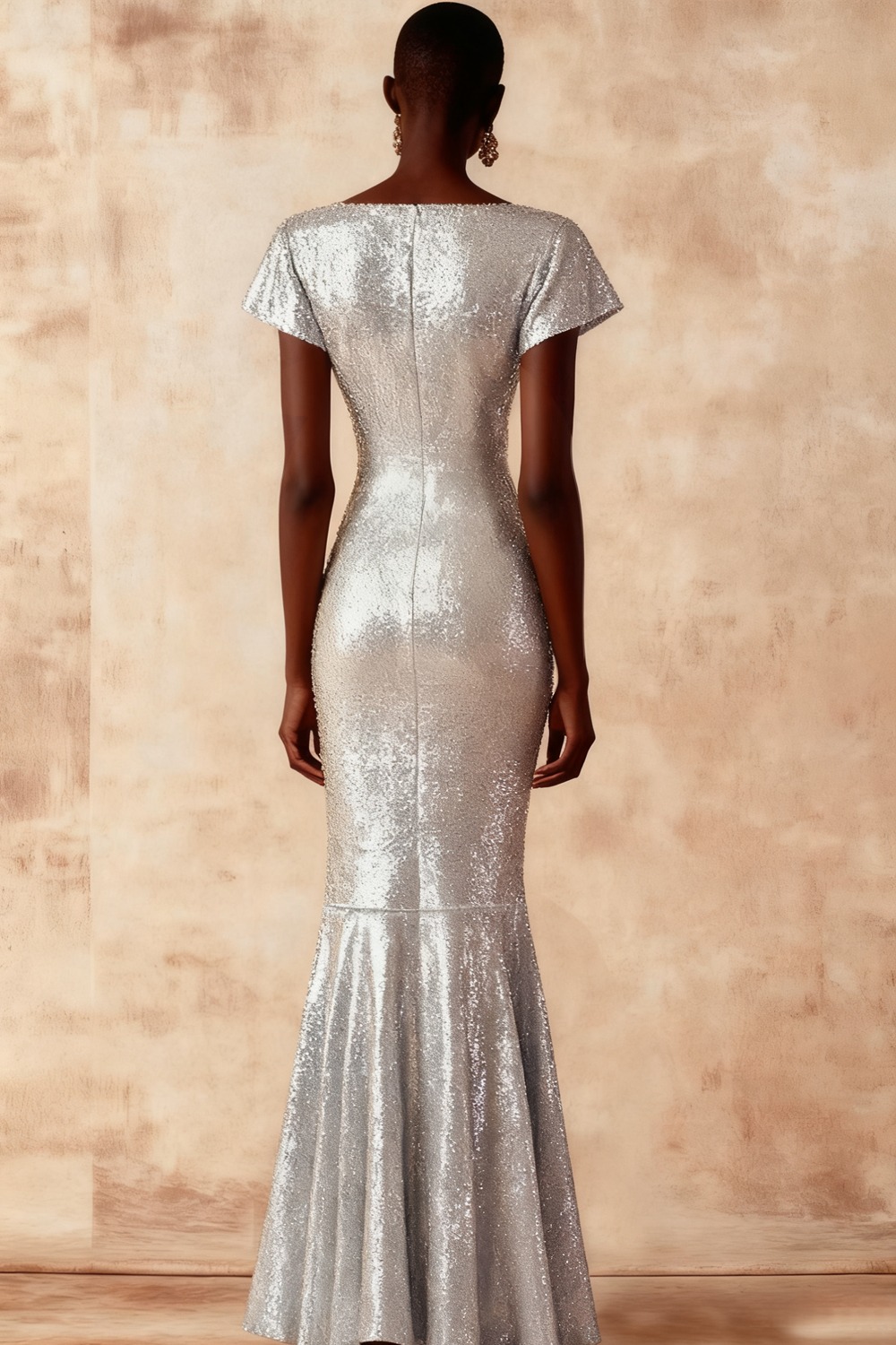 Evening Formal Dress Silver Mermaid Crew Neck Sequin Maxi Dress with Bowknot
