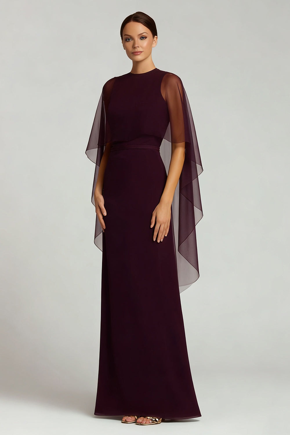 Burgundy Chiffon Sheath Crew Neck Long Formal Dress with Cape