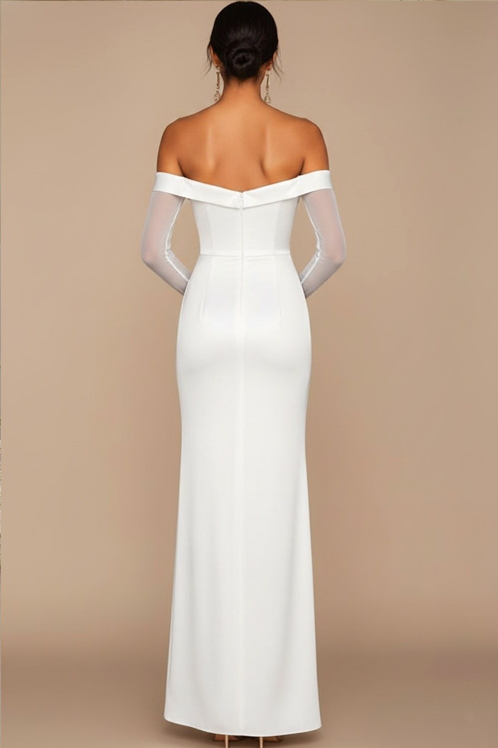 White Formal Dress Sheath Off the Shoulder Long Sleeve Maxi Dress with Slit