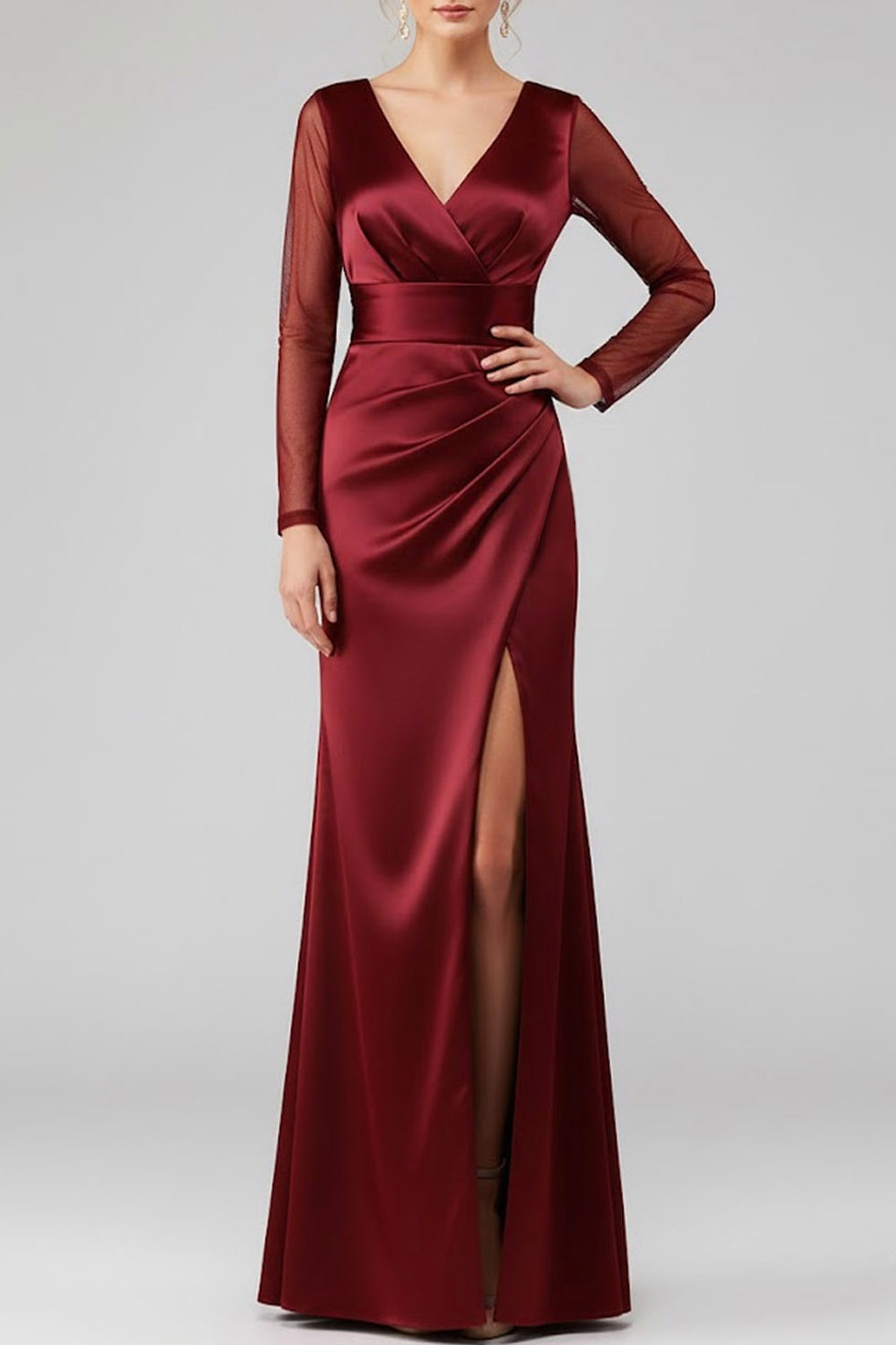 Burgundy Formal Dress Sheath V-Neck Satin Maxi Dress with Slit