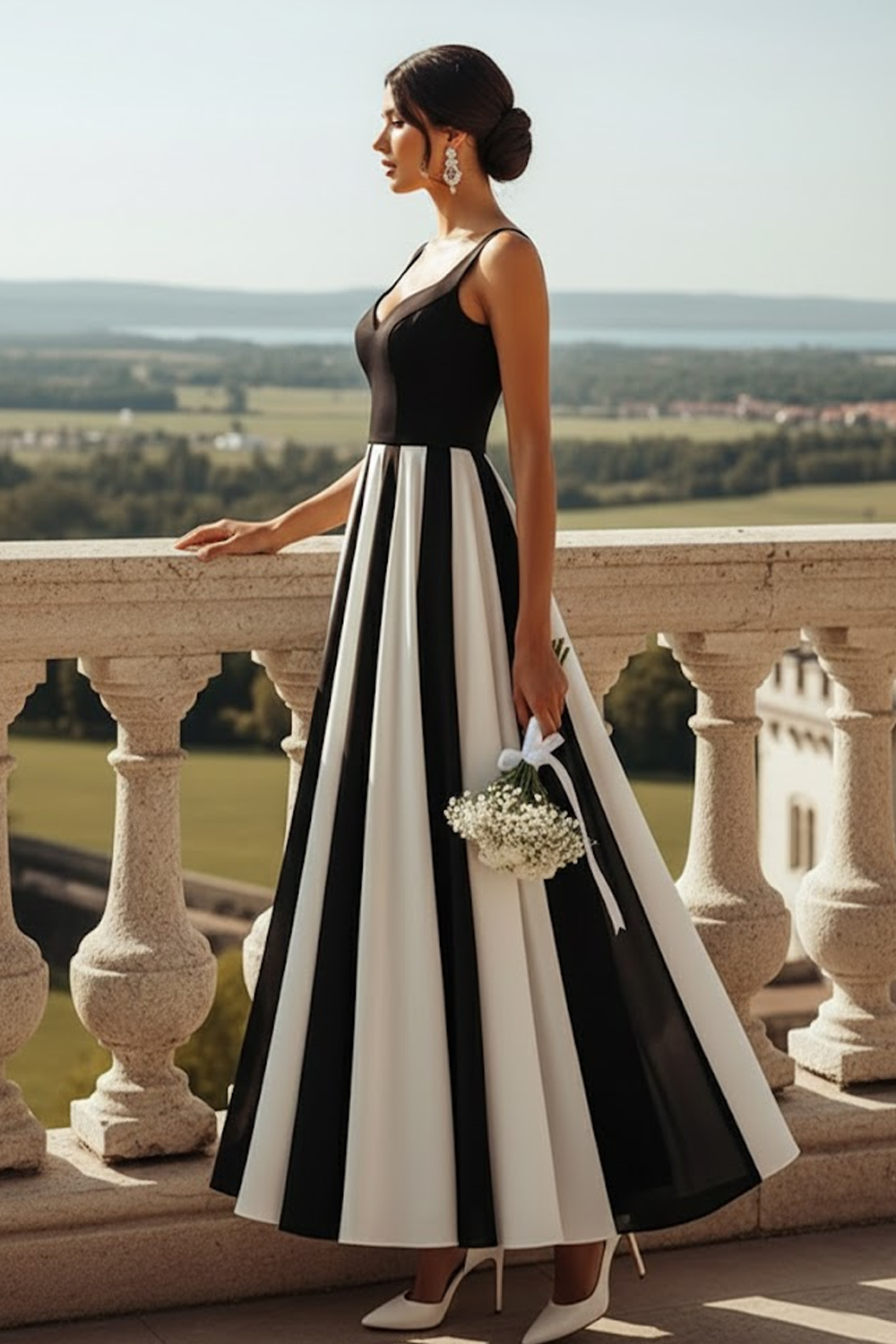 Black and White A Line Thick Straps Long Formal Dress