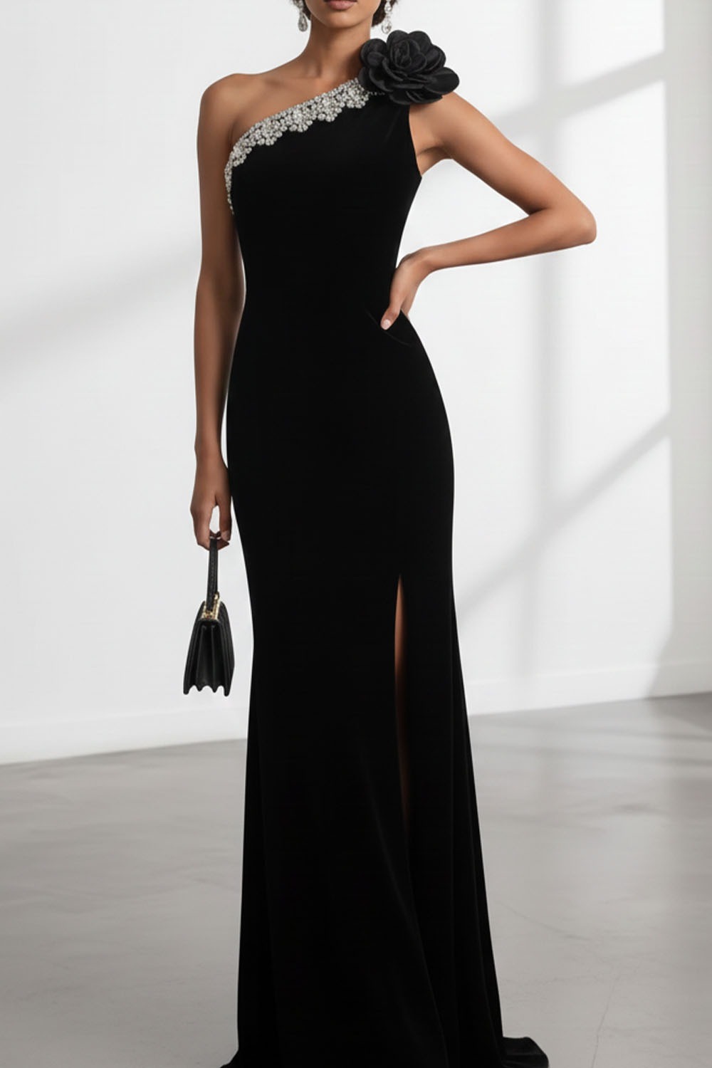 Black Formal Evening Dress One Shoulder Maxi Dress with 3D Flower