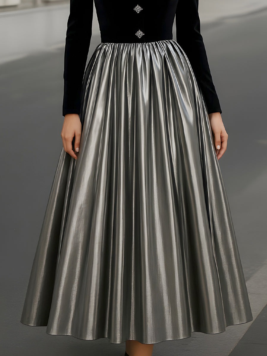 Velvet Button Font Pleated Evening Dress
