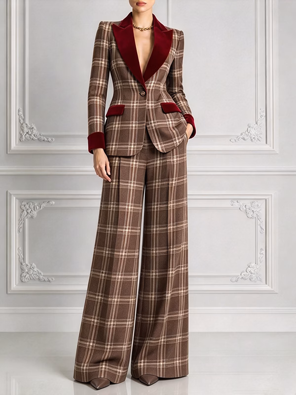 Brown Plaid Blazer With Peak Lapels And Wide Leg Pants 2-Piece Suit