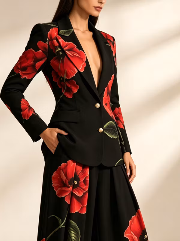 Red Poppy Floral Print Blazer And High Waist Wide-leg Pants 2-Piece Suit