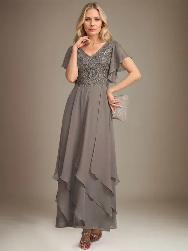 A-line V-Neck Ankle-Length Lace Chiffon Mother of the Bride Dress With Cascading Ruffles