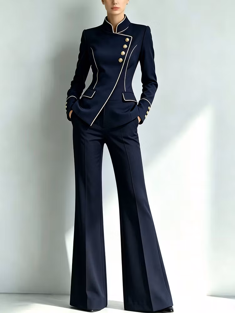 Navy Blue Stand Collar Blazer Paired With Wide Leg Pants 2-Piece Suit