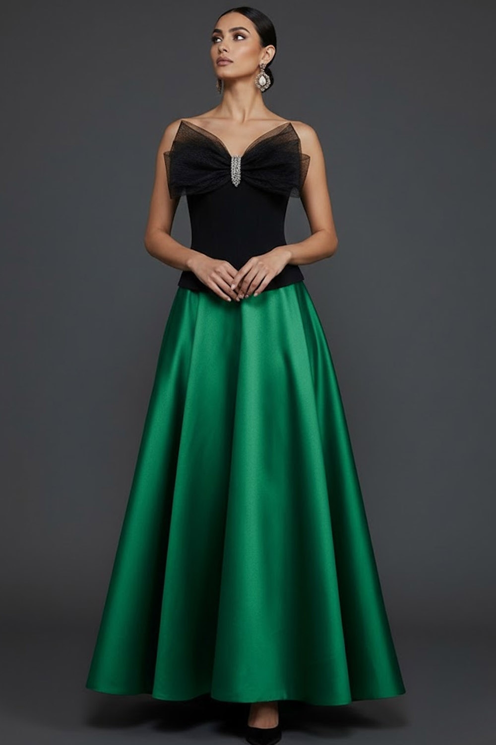 Champagne Formal Evening Dress Strapless A-Line Satin Maxi Dress with Bow