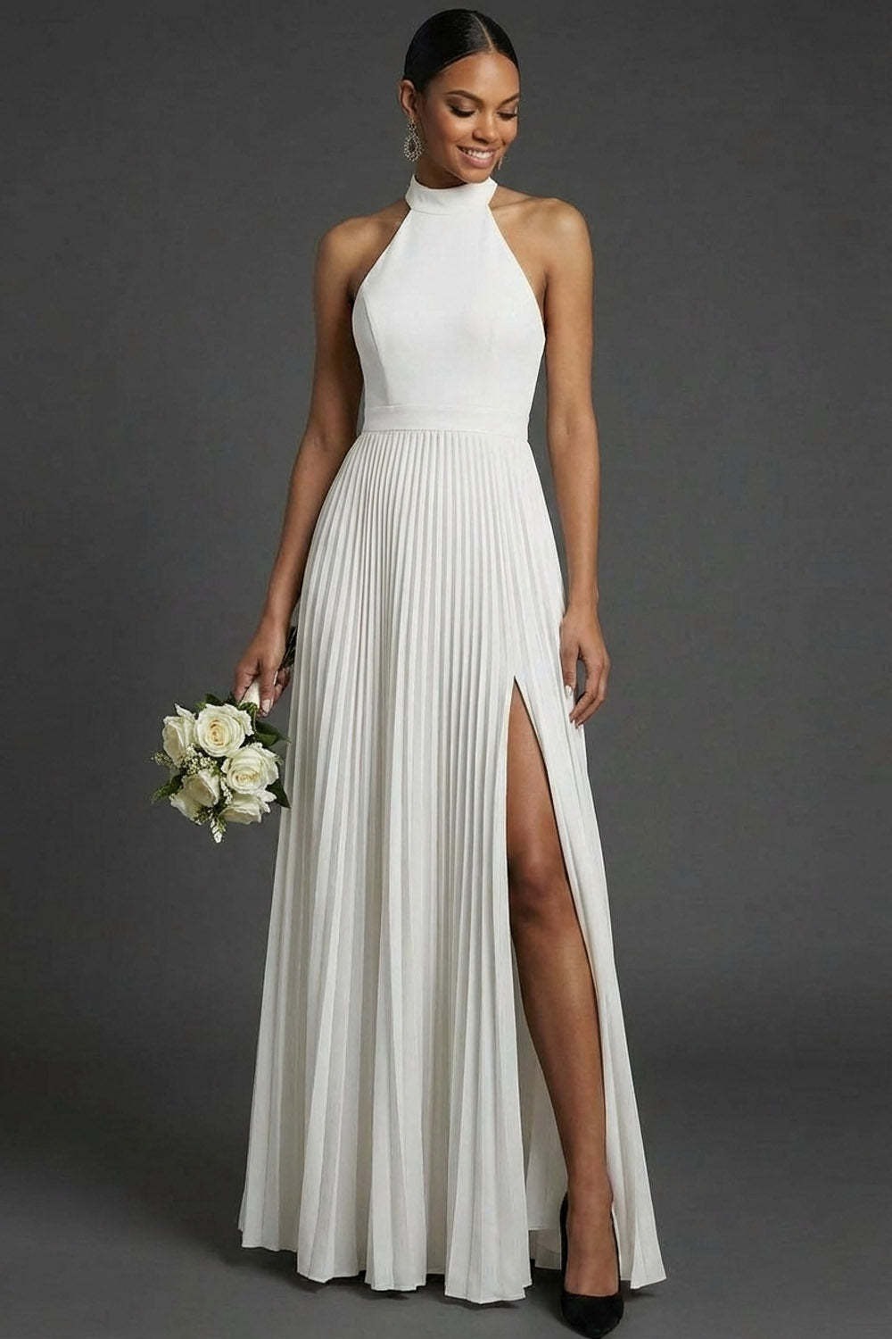 Dark Green Halter Neck Pleated A Line Maxi Formal Dress with Slit