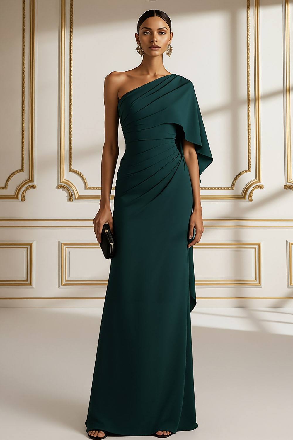 Emerald Green Formal Evening Dress One Shoulder Maxi Dress with Cape