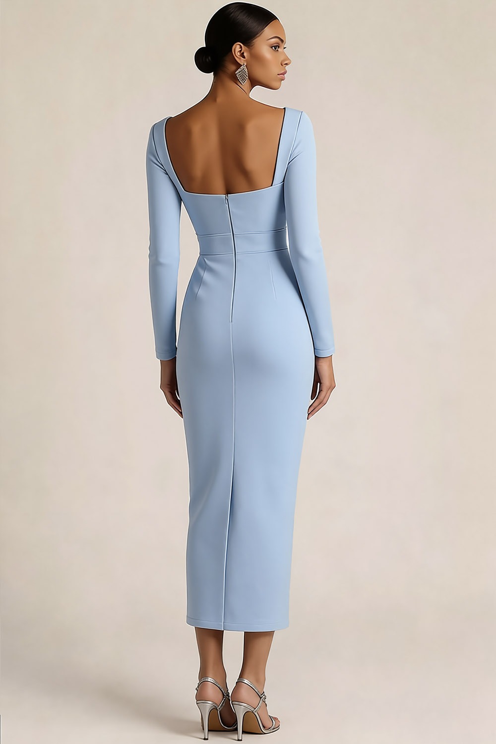 Blue Wedding Guest Dress Sheath Square Neck Long Sleeve Midi Dress