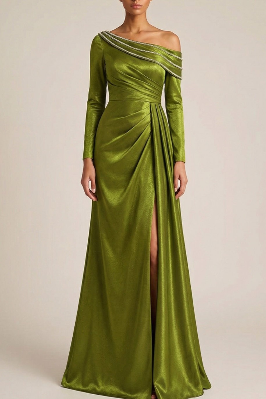 Mustard Green Formal Evening Dress A-Line One Shoulder Maxi Dress with Slit