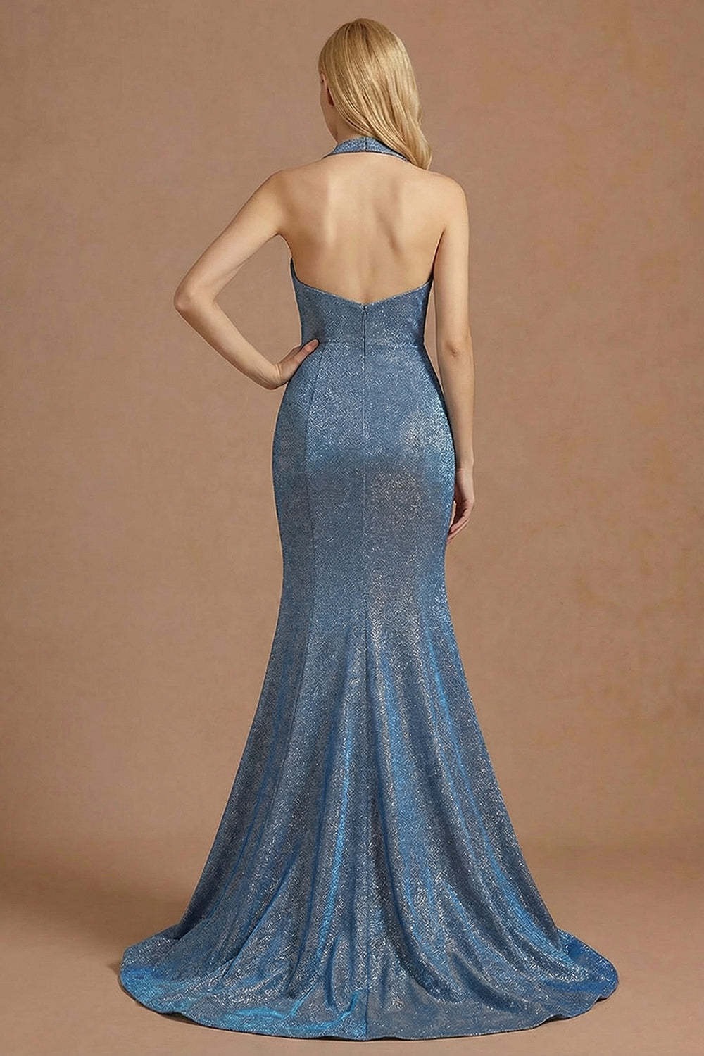 Dusty Blue Mermaid Halter Neck Ruched Maxi Prom Dress with Slit
