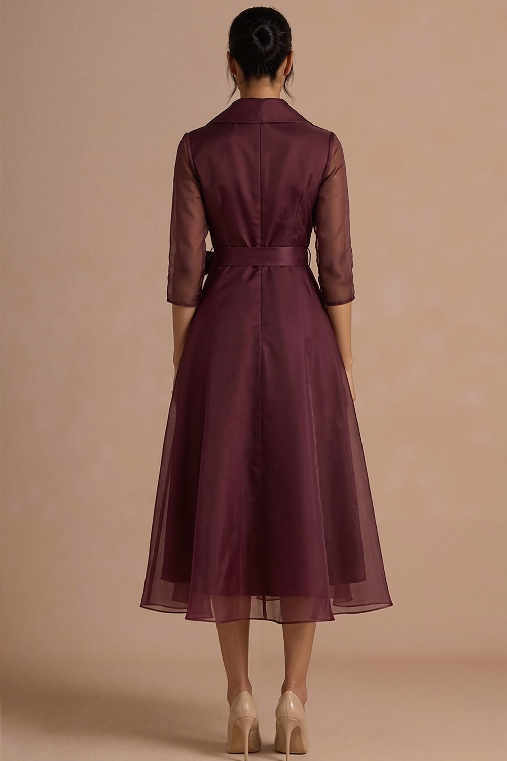Burgundy Formal Evening Dress A-Line Lapel Long Sleeve Midi Dress