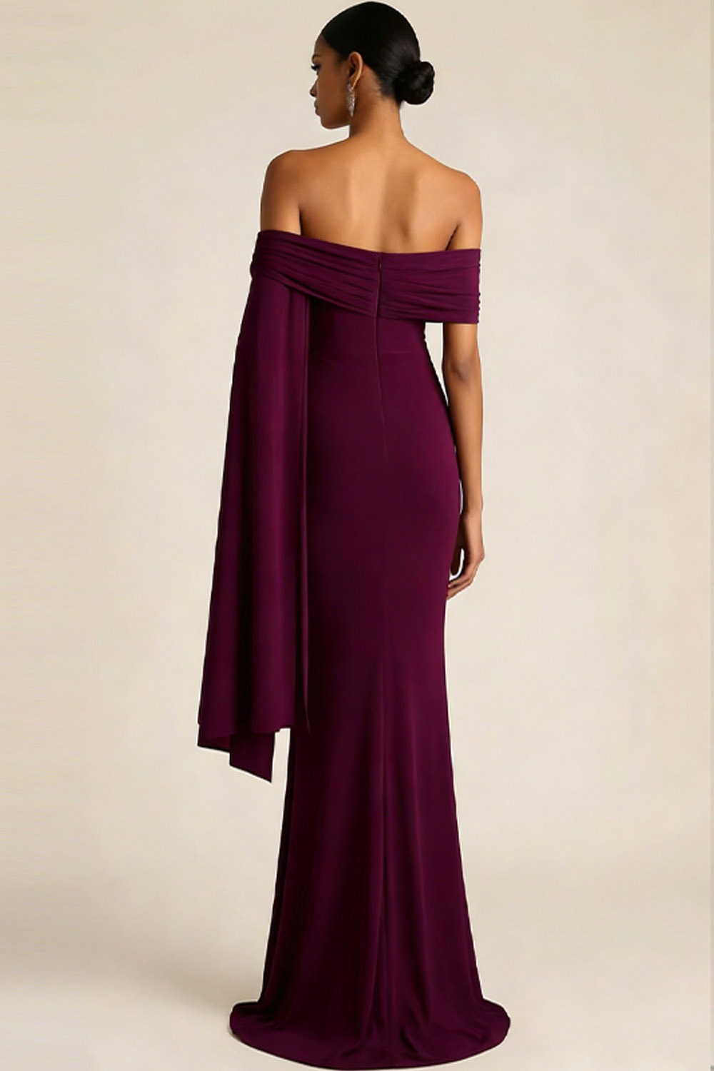 Purplish Red Formal Dress Mermaid Off the Shoulder Cape Chiffon Maxi Dress