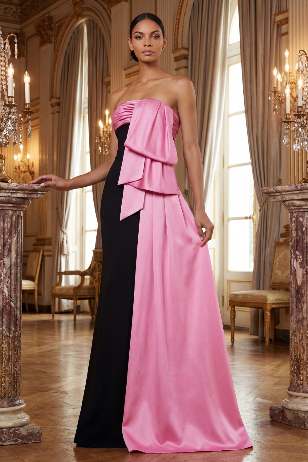 Pink Formal Evening Dress Strapless Satin Bow Maxi Dress