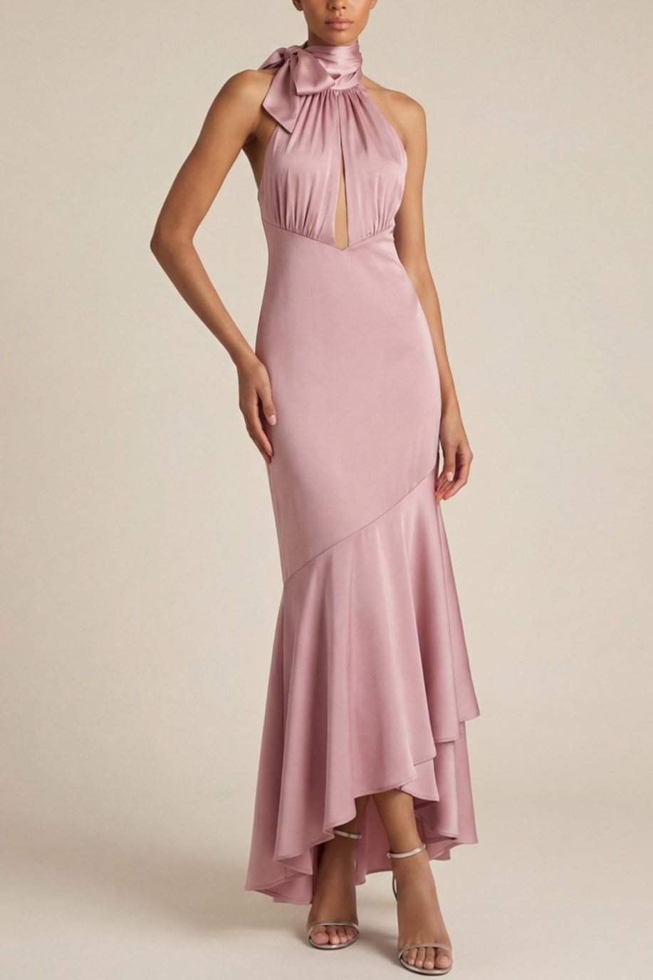 Pink Formal Evening Dress Mermaid Halter Satin Maxi Dress
