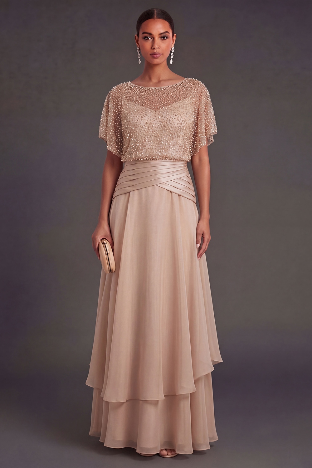 Champagne Sparkly Beaded A Line Ruffled Round Neck Long Formal Dress