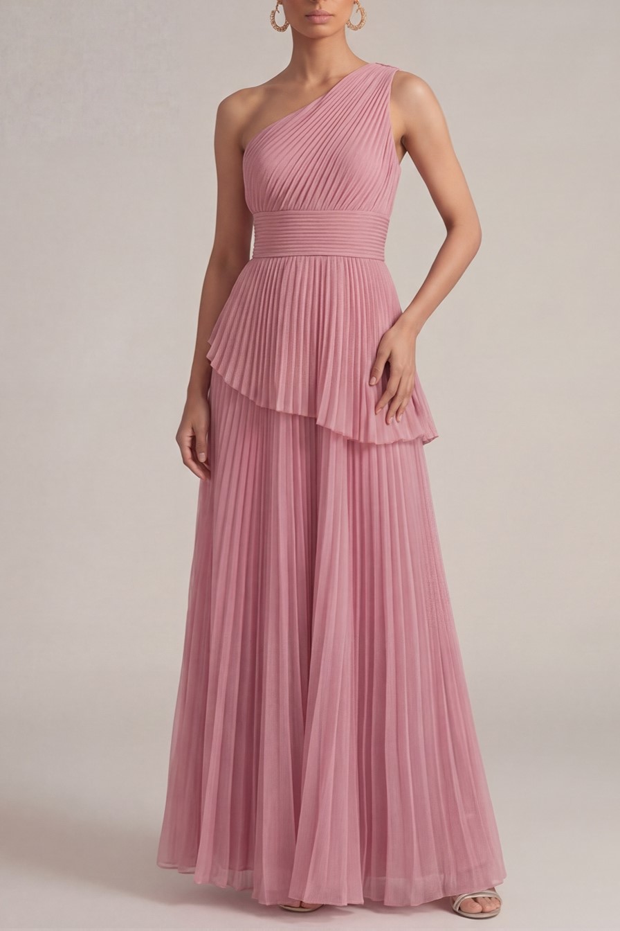 Rose Pink Wedding Guest Dress A-Line One Shoulder Pleated Maxi Dress