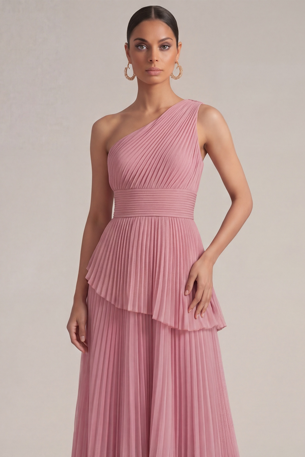 Rose Pink Wedding Guest Dress A-Line One Shoulder Pleated Maxi Dress