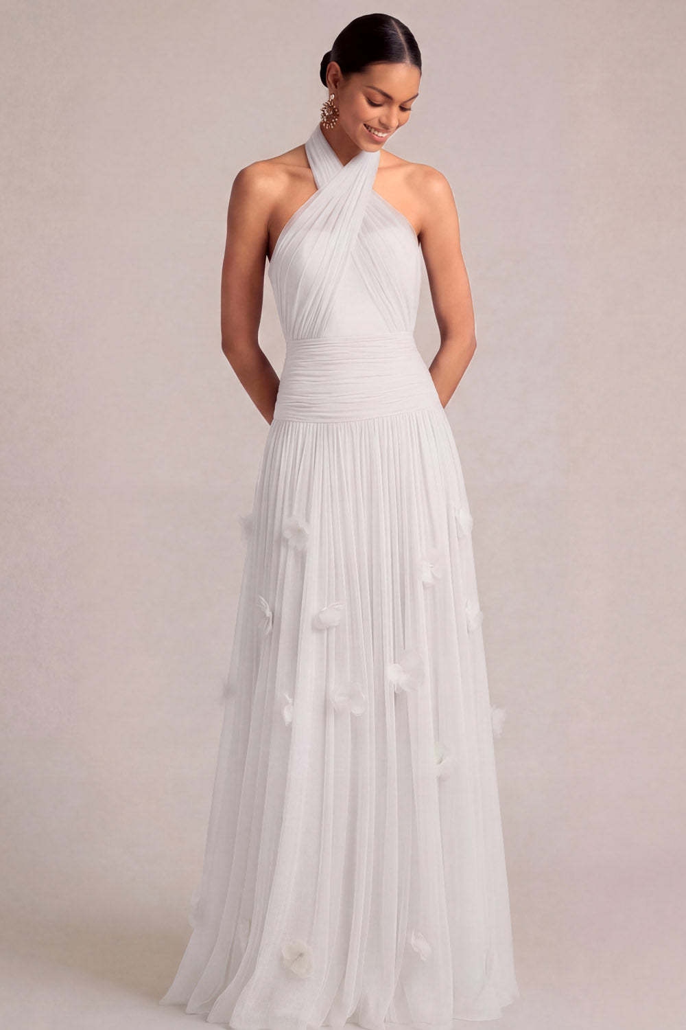 A Line Halter Neck Appliqued Light Blue Long Formal Dress