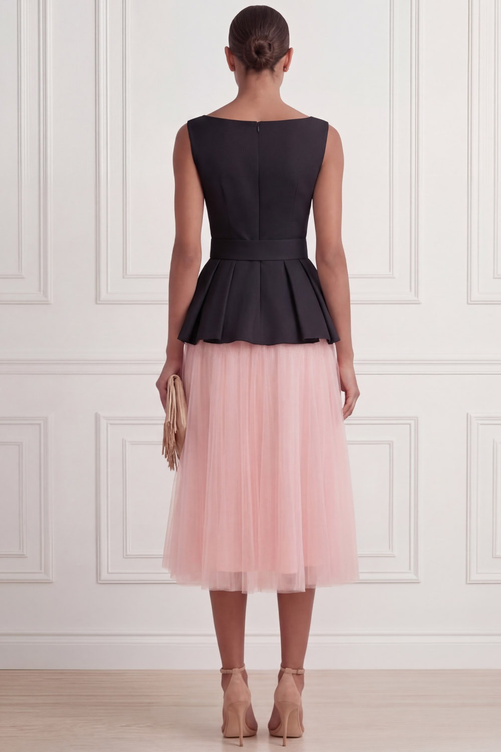 Black Suit Sets Crew Neck Pleated A-Line Tulle Midi Skirts Set