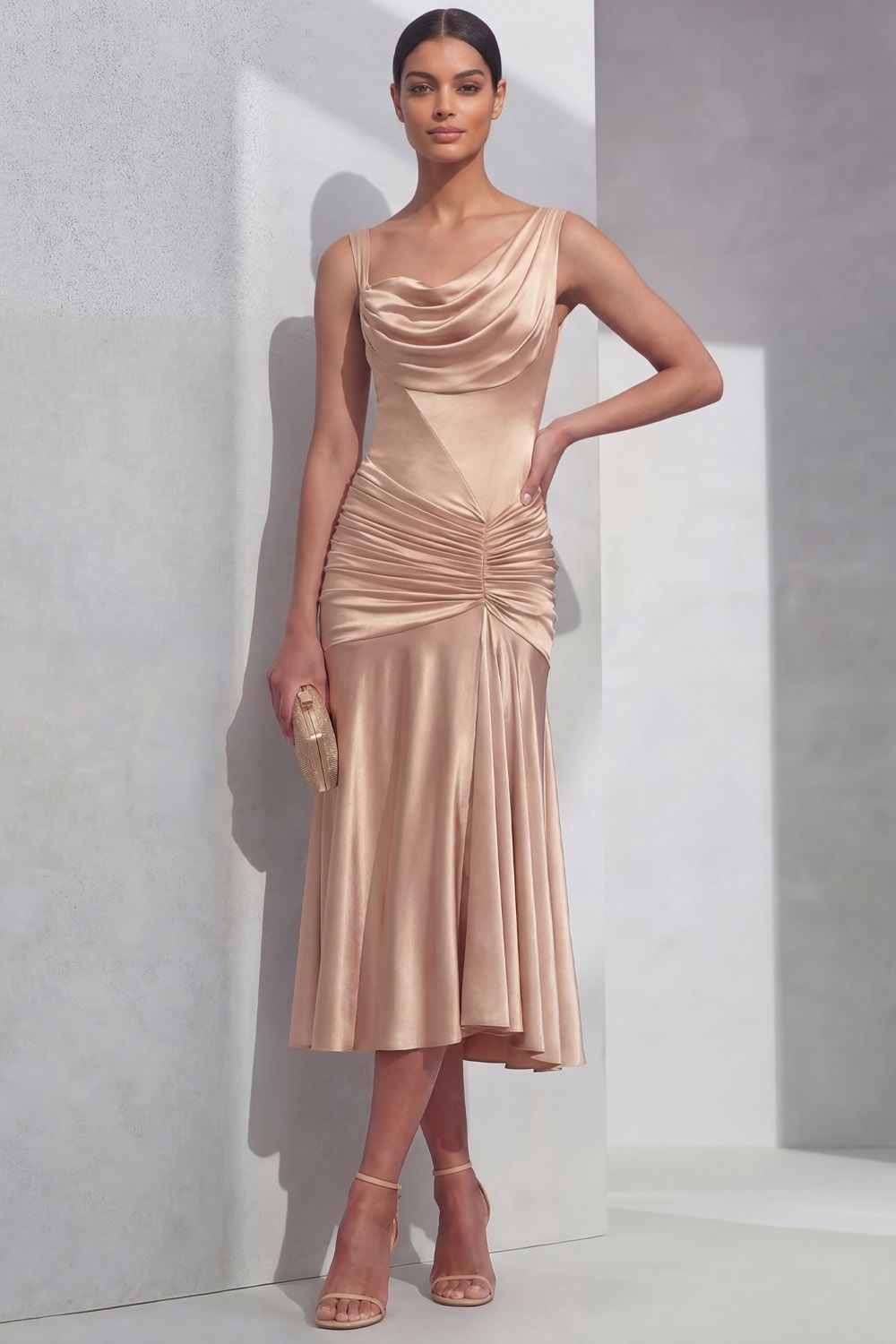 Champagne Formal Evening Dress Mermaid Cowl Neck Satin Midi Dress