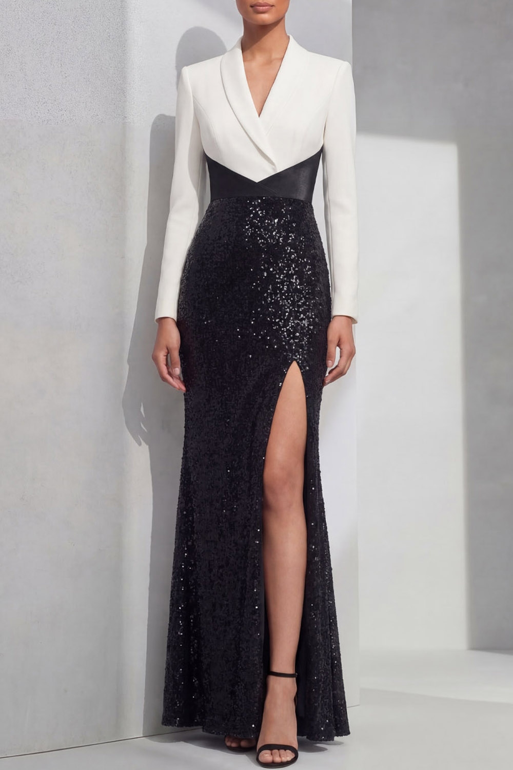 White Formal Dress Mermaid Lapel Sequin Maxi Dress with Slit