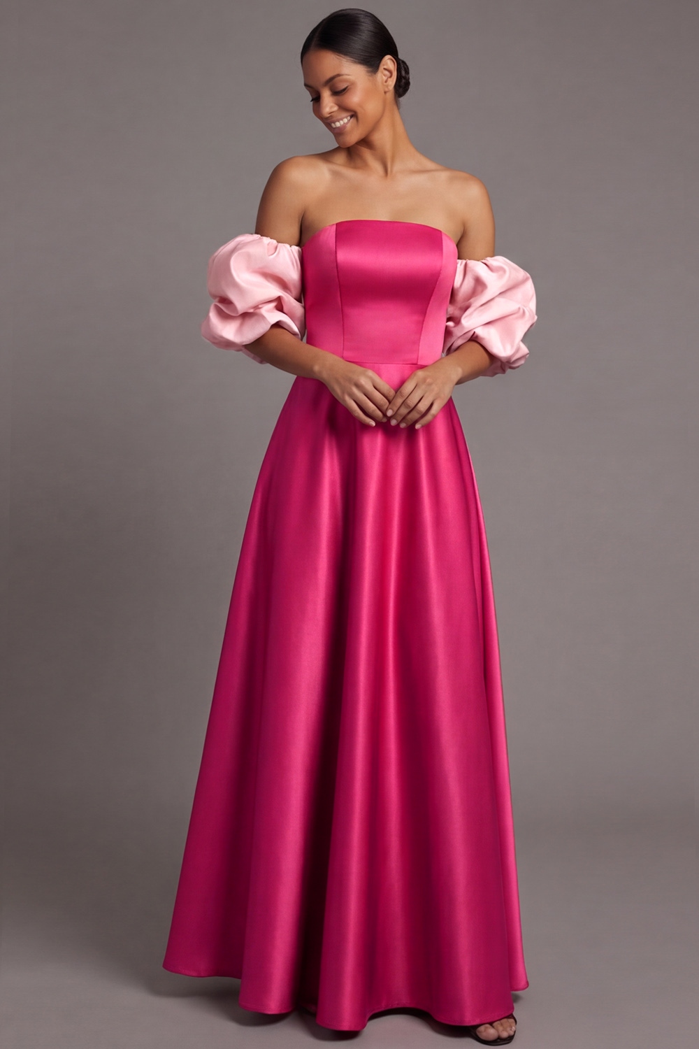 Golden Formal Evening Dress Off the Shoulder Puff Sleeve Satin Maxi Dress