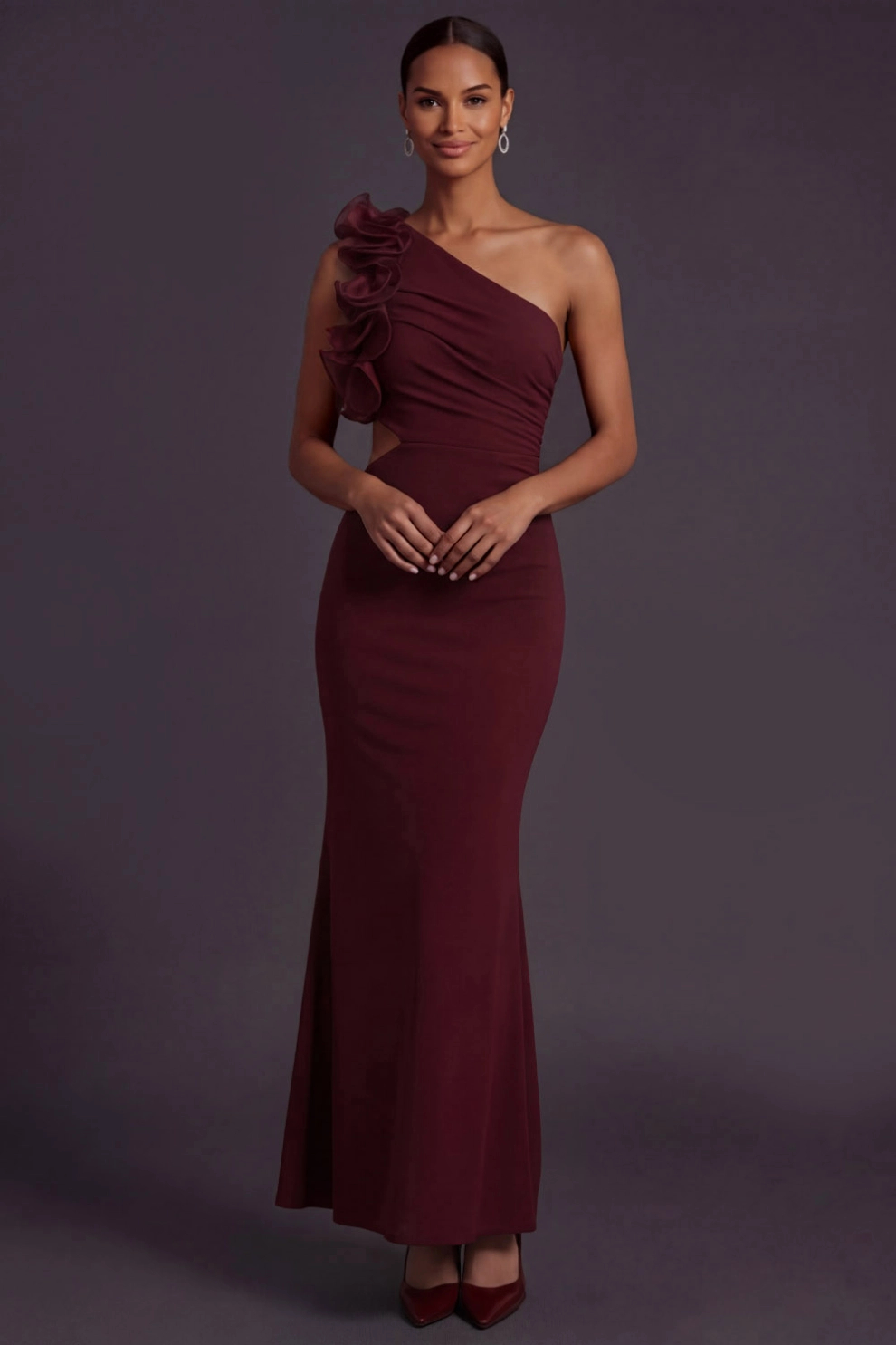 Burgundy Mermaid One Shoulder Ruffled Maxi Dress